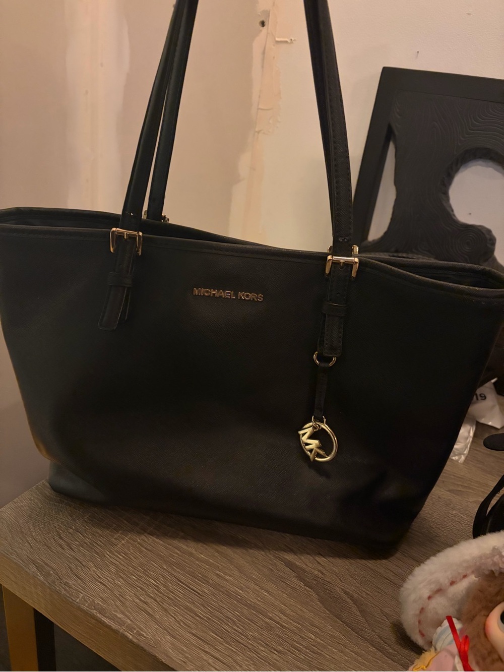 Michael Kors Black Leather Tote with Gold Logo Charm